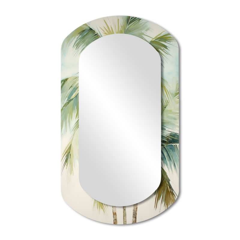 Green Minimalims Palm Trees I - miroir décoratif asymétrique vert, miroir mural cylindrique traditionnel, impression d'art en métal