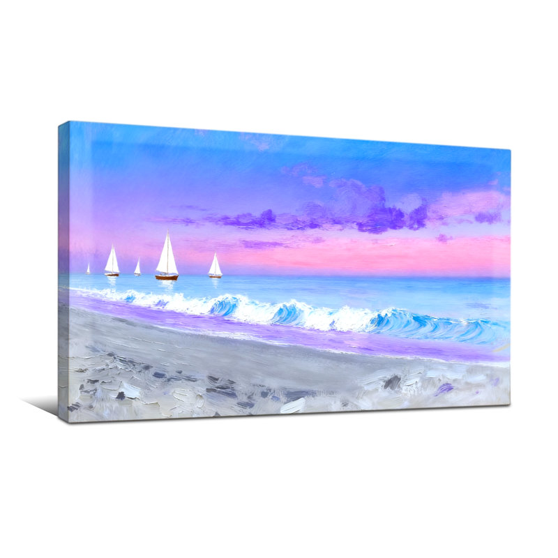 Nautique et plage, vagues de l'océan, voiliers, coucher de soleil, ciel, sable, couleurs, H 16 po x l 32 po