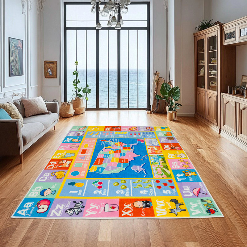 4x5ft Children's Area Rug, Alphabet Map Pattern, Faux Cashmere Non-Slip Carpet, Suitable for Living Room, Bedroom, Children's Room, Home Decor