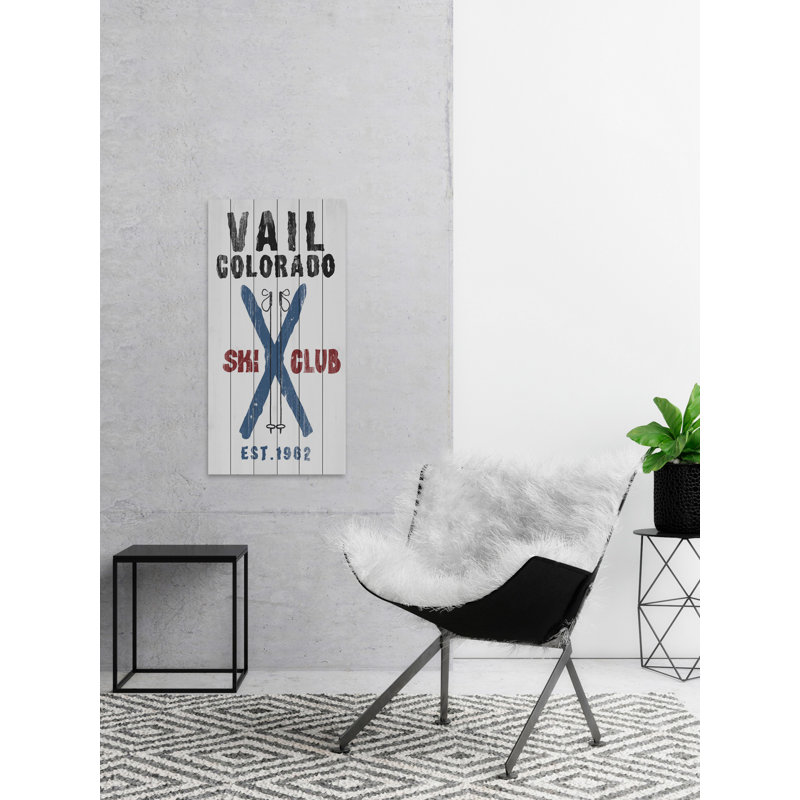 Reproduction d’art textuel sur bois, "vail ski club", H 36 po x l 18 po
