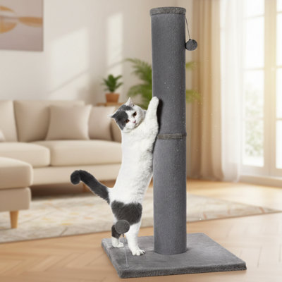 Simple Gray Faux Fur Large Cat Scratching Post With Replaceable Toy And Sturdy Base, Suitable For Indoor Cats.