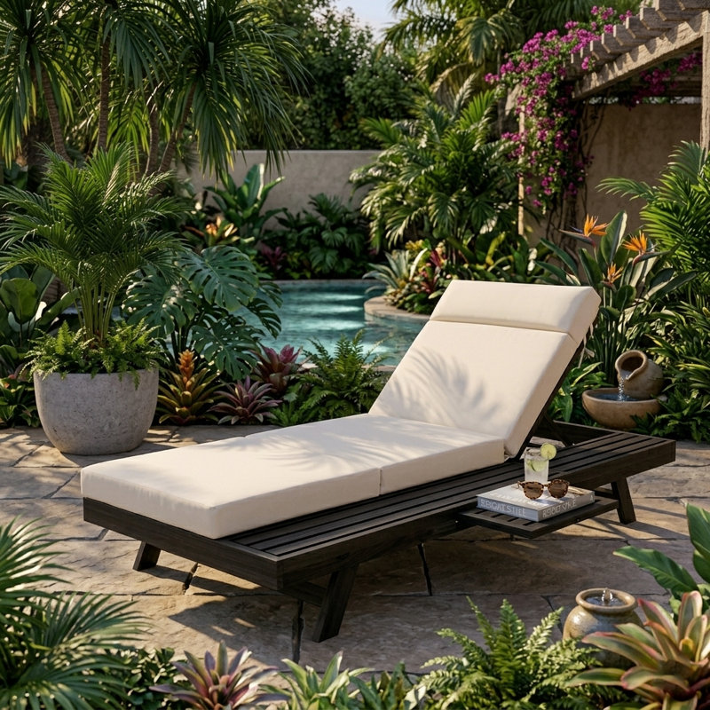 Chaise longue d'extérieur en bois d'acacia de 79 po avec coussin à trois volets résistant à l'eau de 4 po et appui-tête intégré