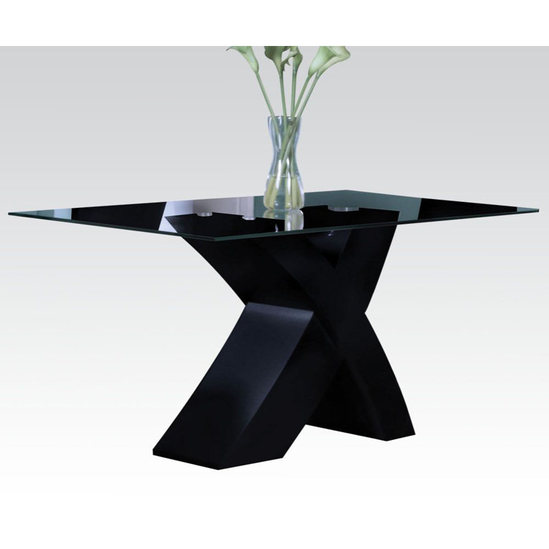Dashan Rectangular Glass Top with Solid Wood Base Dining Table, Black