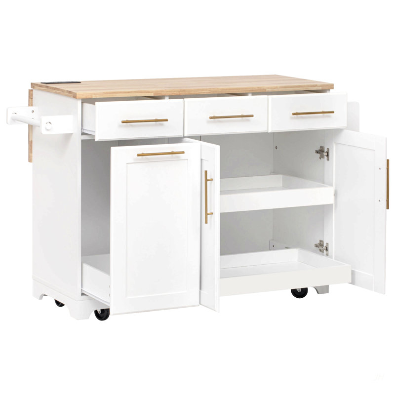 Îlot de cuisine 59,3 po K&K avec rangement 2 armoires coulissantes et abattant en bois d'hévéa, îlot de cuisine roulant avec rangement pour poubelle, prise de courant, support à épices et à serviettes pour la cuisine, la salle à manger, blanc