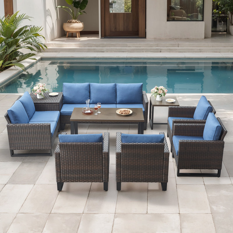 Ingvald All-Weather Wicker Outdoor Patio Conversation Set Seating Group With Lounge Chairs, Bleu