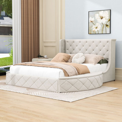 Jakayle 3 Drawers Upholstered Platform Bed with Wingback Headboard and Side Bench