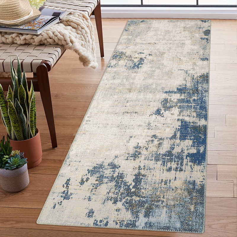 Tapis lavable avec tapis abstrait moderne et neutre, Tapis de couloir 2 pi x 6 pi