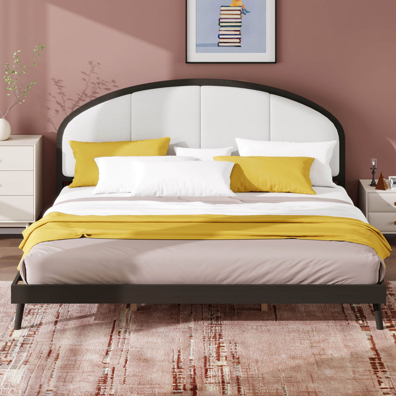 Lit plateforme avec tête de lit tapissier, lit plateforme en bois avec support en lattes de bois, Queen