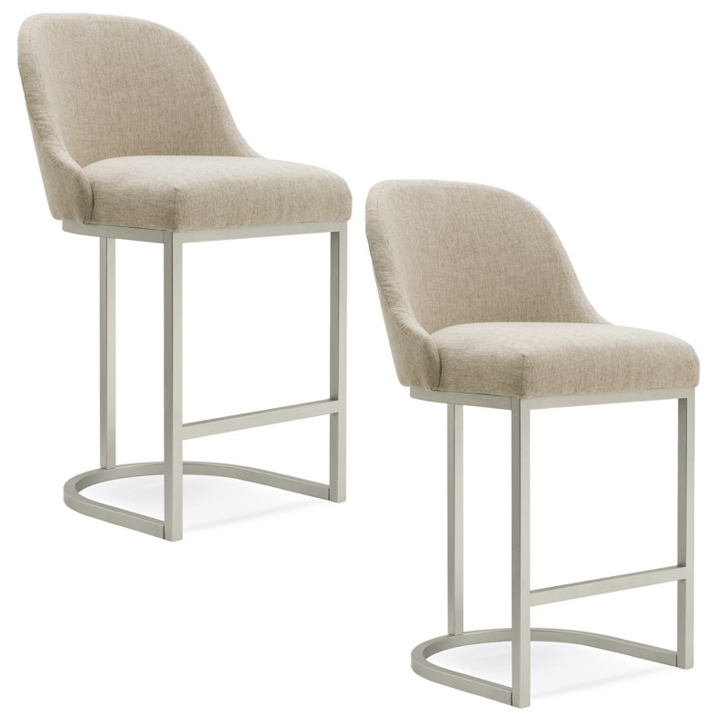 Barrelback Stool with Linen Seat and Metal Base, Counter Stool (26.5" Seat Height), Oatmeal Linen/Pewter Frame, 2