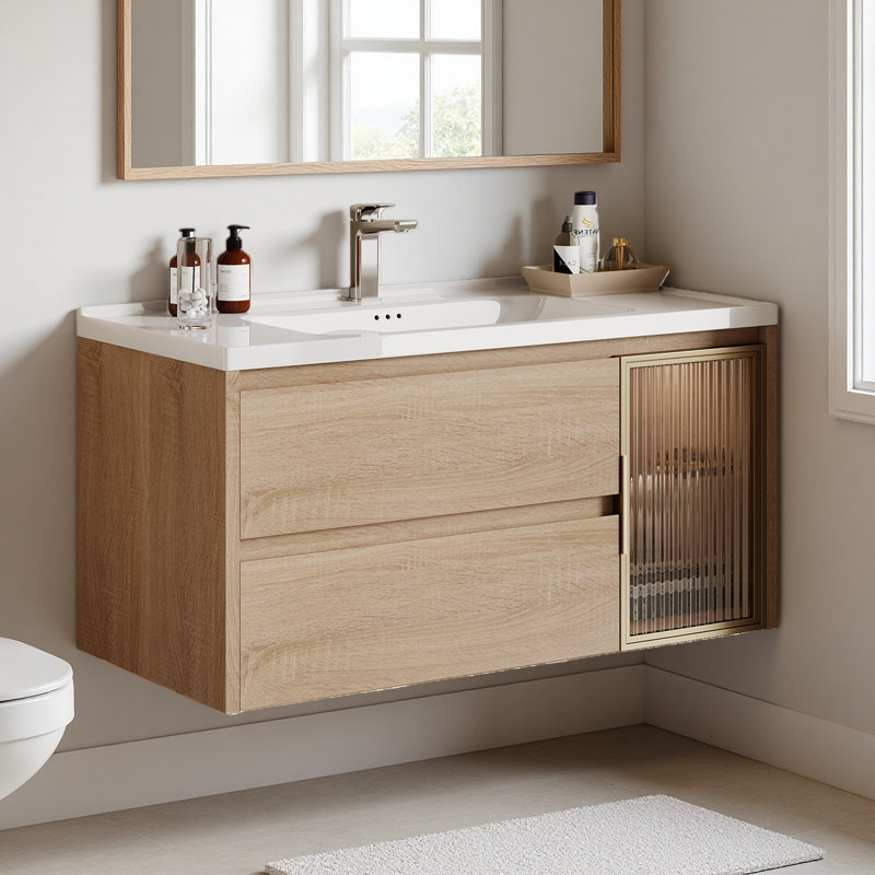 36'' Single Bathroom Vanity with Sintered Stone Top, Wall Mounted Vainty with Acrylic Door, U-Shaped Cutout Drawer
