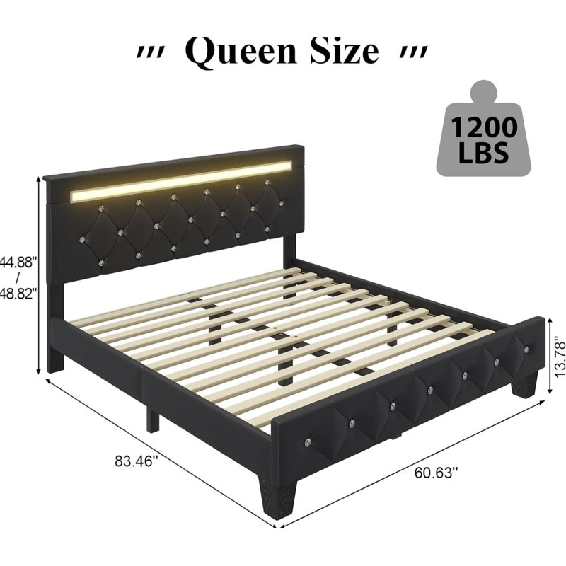 Queen Size Bed Frame With Led Light, Faux Leather Upholstered Platform Bed With Handcrafted Crystal Button Adjustable Headboard