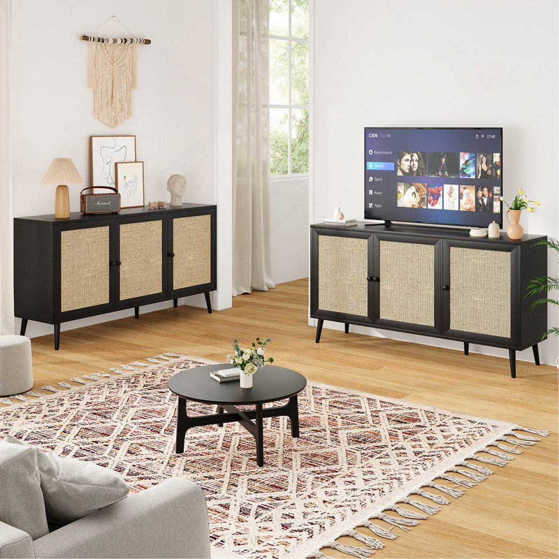 Sideboard Buffet Cabinet With 3 Rattan Doors,Modern Kitchen Storage Console Cabinet For Entryway Living Room (Large,Black)