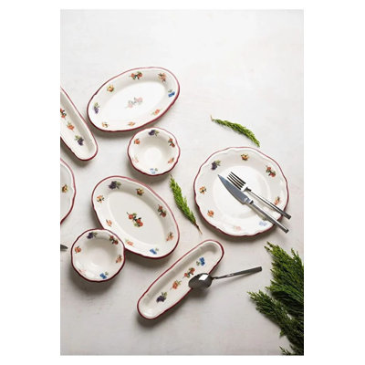 Ensemble de petit-déjeuner élégant 14 pièces, 100% porcelaine | Comprend 6 assiettes de service (7,9 pouces), 4 bols Joker (3,9 pouces), 2 plaques d'huile (7,5 x 4,7 pouces), 2 plateaux (7,9 x 2,8 pouces) | Va au lave-vaisselle et au micro-ondes, parfait pour un repas élégant