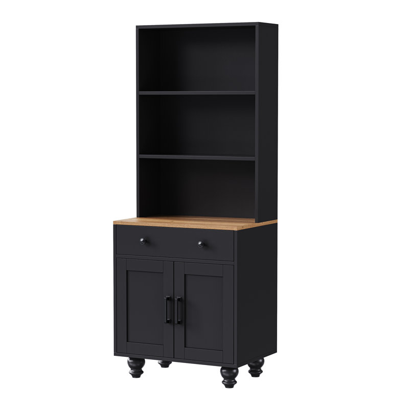 Farmhouse Storage Cabinet With 4 Solid Wood Gourd-Shaped Legs, Modern Kitchen Pantry Cabinet With Adjustable Shelves, 5 Tier Bookshelf With Drawer For Living Room