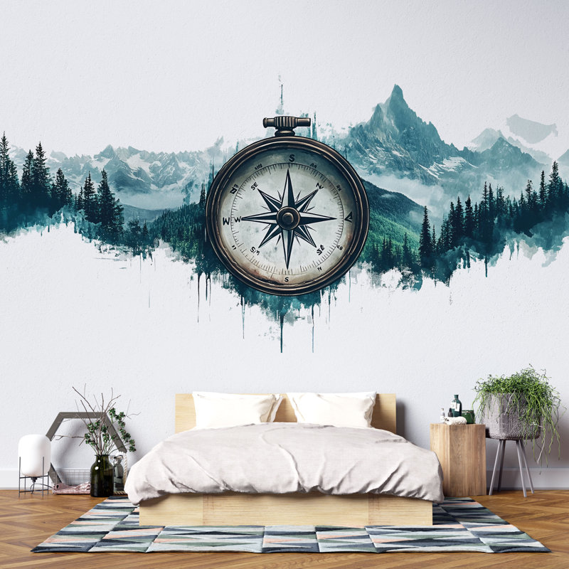 Autocollant boussole montagne, autocollant mural forêt, décor de chalet rustique, art mural aventure, autocollant Explorateur de la nature 543MV