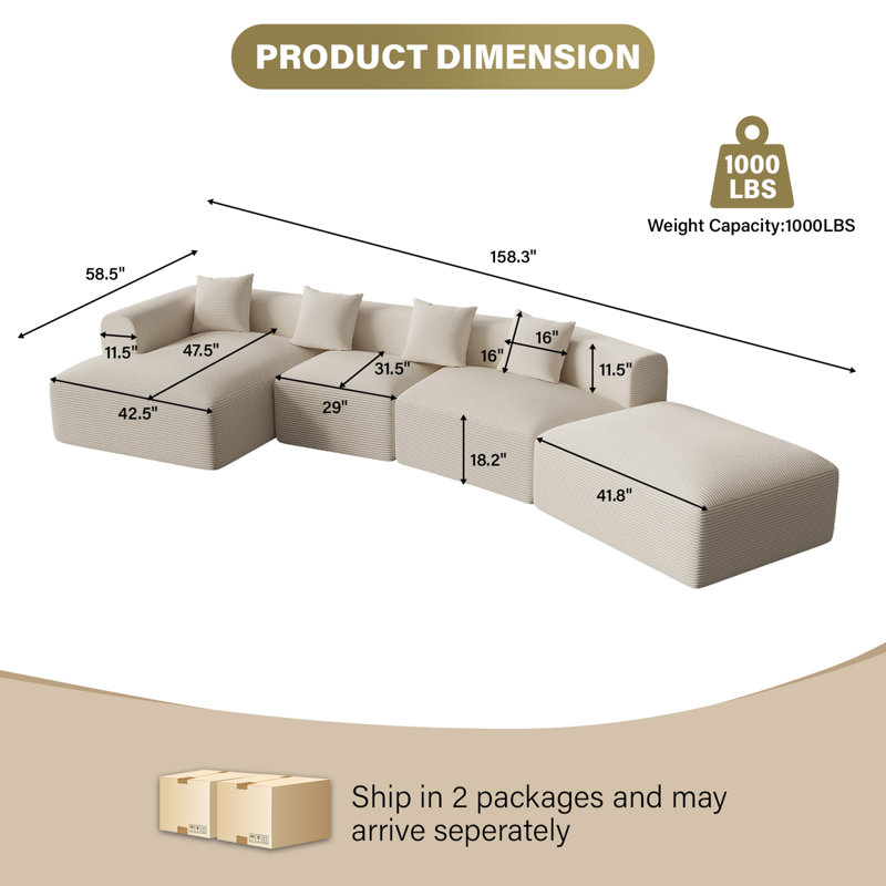 Canapé modulaire surdimensionné en velours côtelé de 158,3 po à quatre pièces sans assemblage, Beige