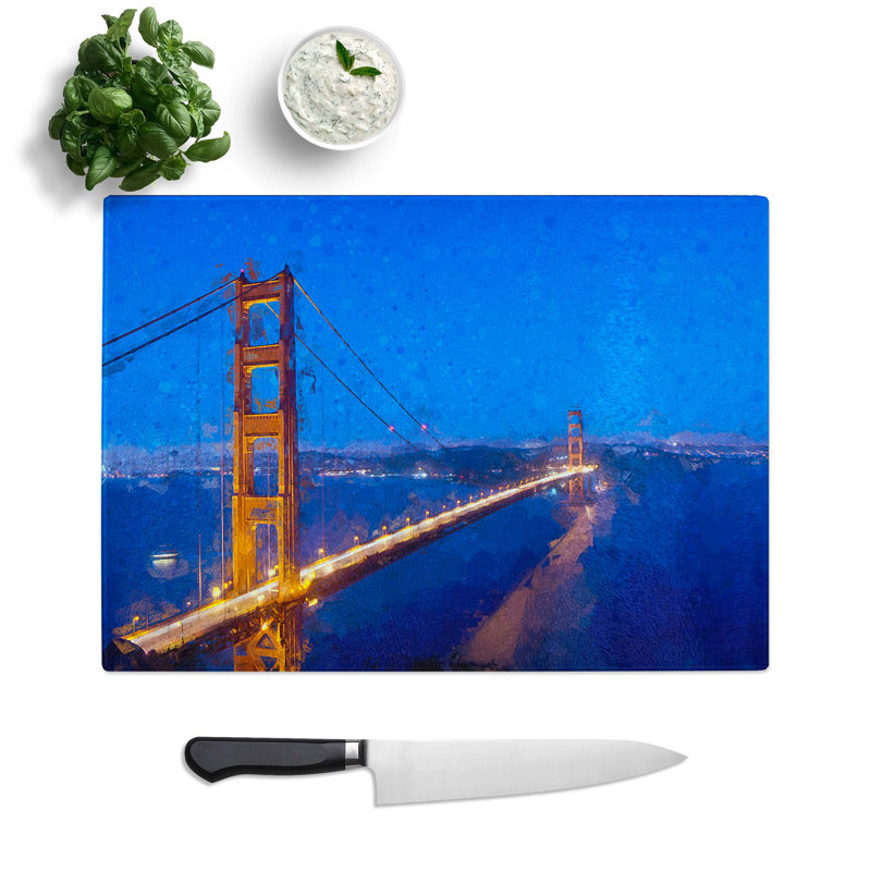 Glass Golden Gate Suspension Bridge in Abstract Chopping Board, 39 cm W x 28.5 cm L