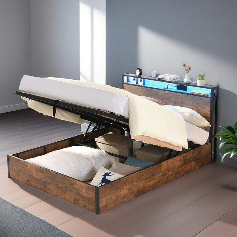 Cadre de lit avec rangement relevable, cadre de lit avec tête de lit bibliothèque et lumières DEL, cadre de lit plateforme en bois avec station de charge, boîte à ressorts non nécessaire, brun rustique
