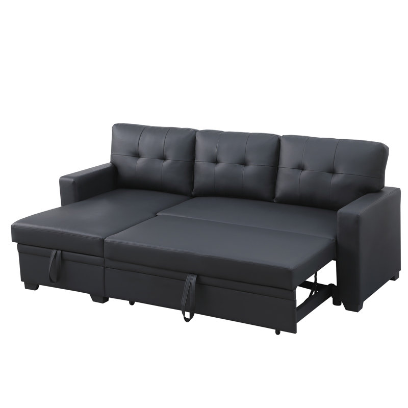 Canapé modulaire rembourré avec méridienne et canapé-lit, revêtement en similicuir noir, rangement