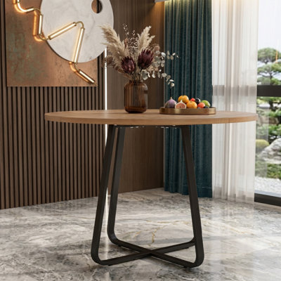 43.3" Round Dining Table For 4-6 People - Modern Kitchen Table With X-Shaped Metal Legs - Nordic Style MDF Wood Top - Easy Assembly - Wood