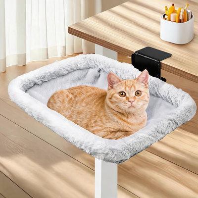 Rectangular Fold‑Down Desk Mount Cat Bed, Soft Plush Gray Hanging Cat Hammock with Heavy‑Duty Clamp, Stable Table‑Side Pet Perch, Holds up to 40 Lbs for Indoor Kitties