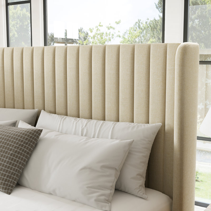 King Size Upholstered Platform Bed with Wingback Headboard and Wooden Slats, Beige, King