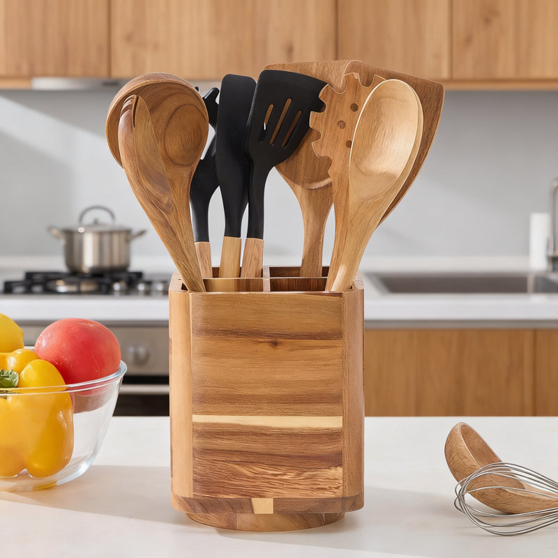 Porte-ustensiles de cuisine en bois avec base rotative à 360 degrés, grand organisateur de comptoir pour les ustensiles de cuisine