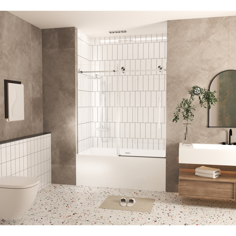 56 - 60" Wide Shower Door High, 6 Mm Thick Tempered Glass, Shatter Barrier Layer, Corrosion Stainless Steel Stick, Brushed Nickel Shine Large Wheels For Silent Glide Film, Rod, Glow Smooth Travel