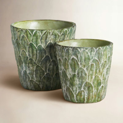 Fino Concrete Leaf-Embossed Pots in Moss, Set of 2