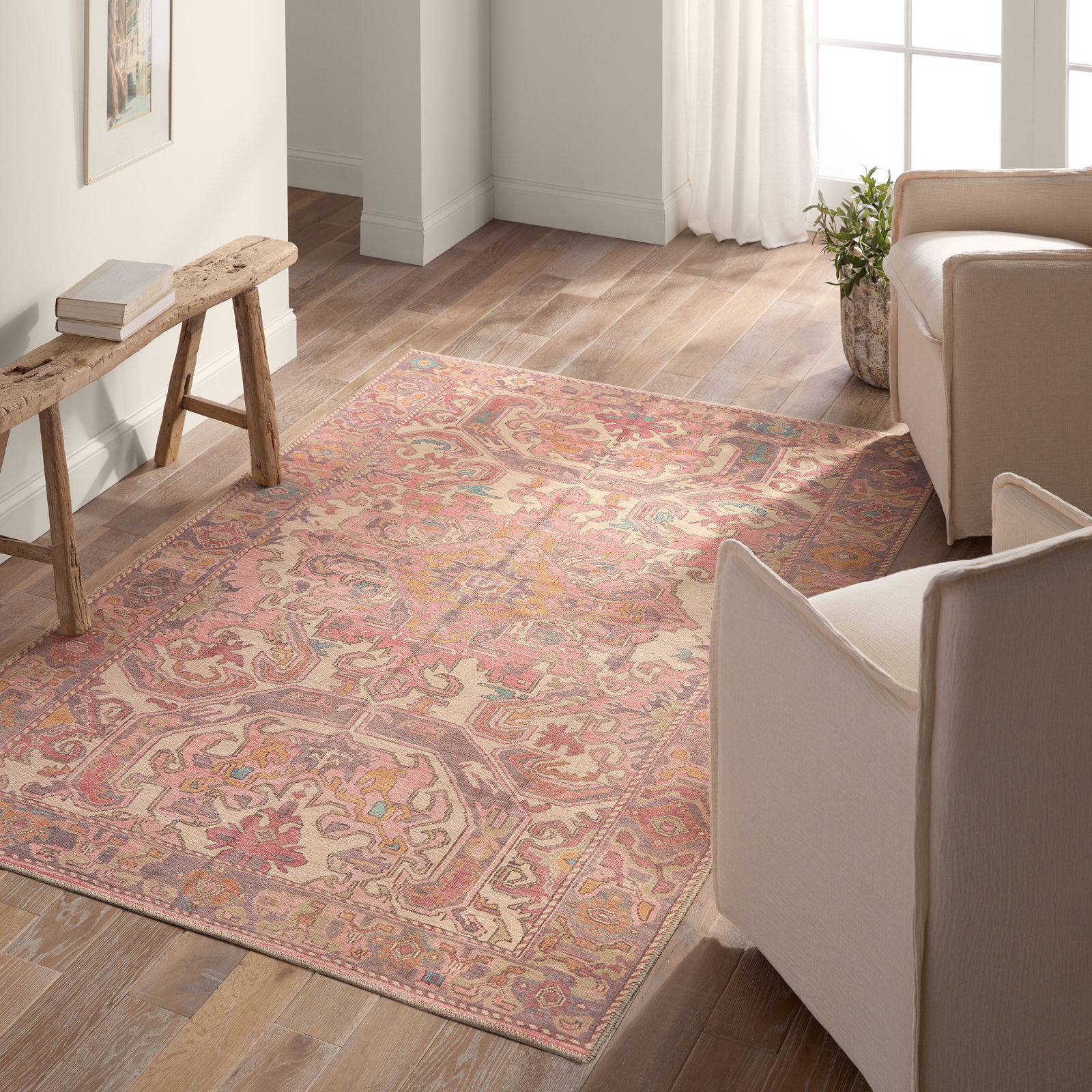Framboise Pink Purple Washable Oriental Rug, Rectangle 4' x 6'