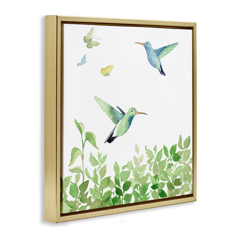 "Spring Hummingbirds Scene", art mural encadré par Lanie Loreth, Cadre flottant métallique doré, H 25 po x l 25 po