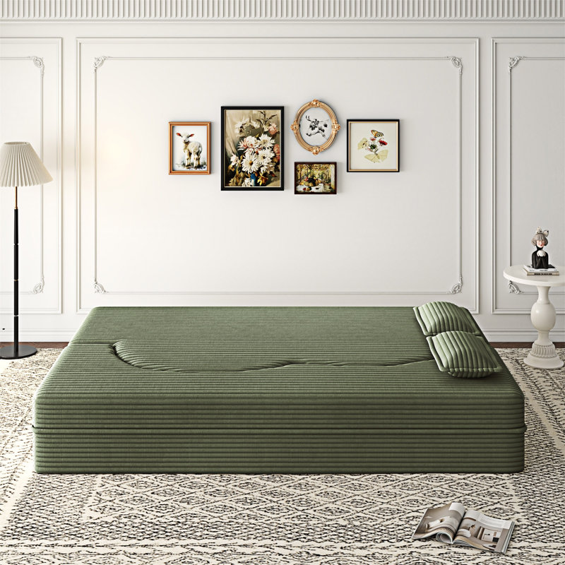 Canapé convertible avec coussins, Velours côtelé vert
