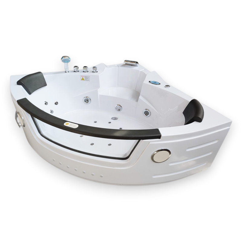 ANGELICA 55" x 55" 2-Person White Corner Whirlpool Bathtub with Dual Pump, Heater & Glass Front Panel