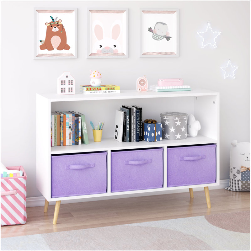 Bibliothèque pour enfants avec tiroirs en tissu pliables, présentoir à livres pour enfants, armoire de rangement pour jouets, blanc / mauve