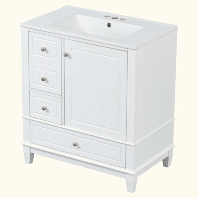 Meuble-lavabo avec lavabo, une porte avec tablette et trois tiroirs, porte à fermeture en douceur