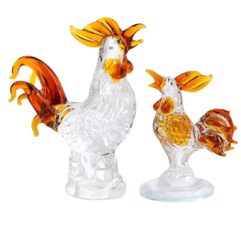 2pcs Brown Crystal Chicken & Rooster Figurines