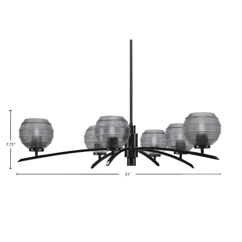 Lustre lumineux en verre nervuré fumée de 6 po, H 58,25 po x l 31 po x P 31 po, Noir mat, 6