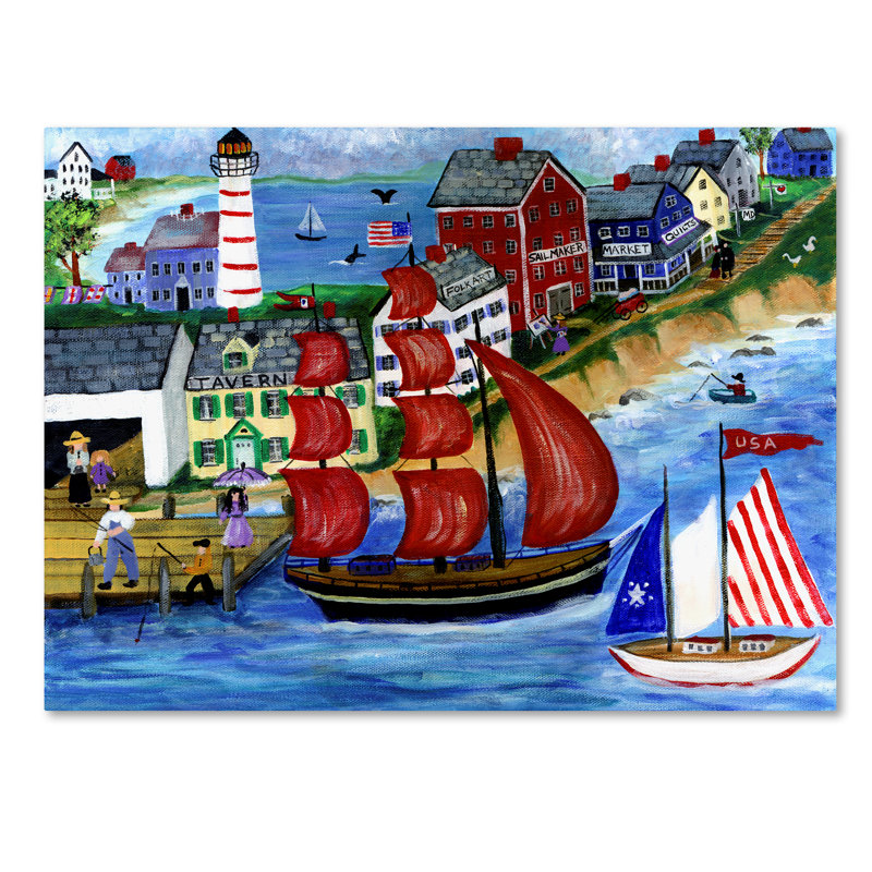 « red voiles folk art seaside », reproduction sur toile tendue, H 14 po x l 19 po