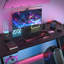 Black Gaming Desk LED Light Computer With Headphone Hook and Cup Holder Home Office Desk-903254759