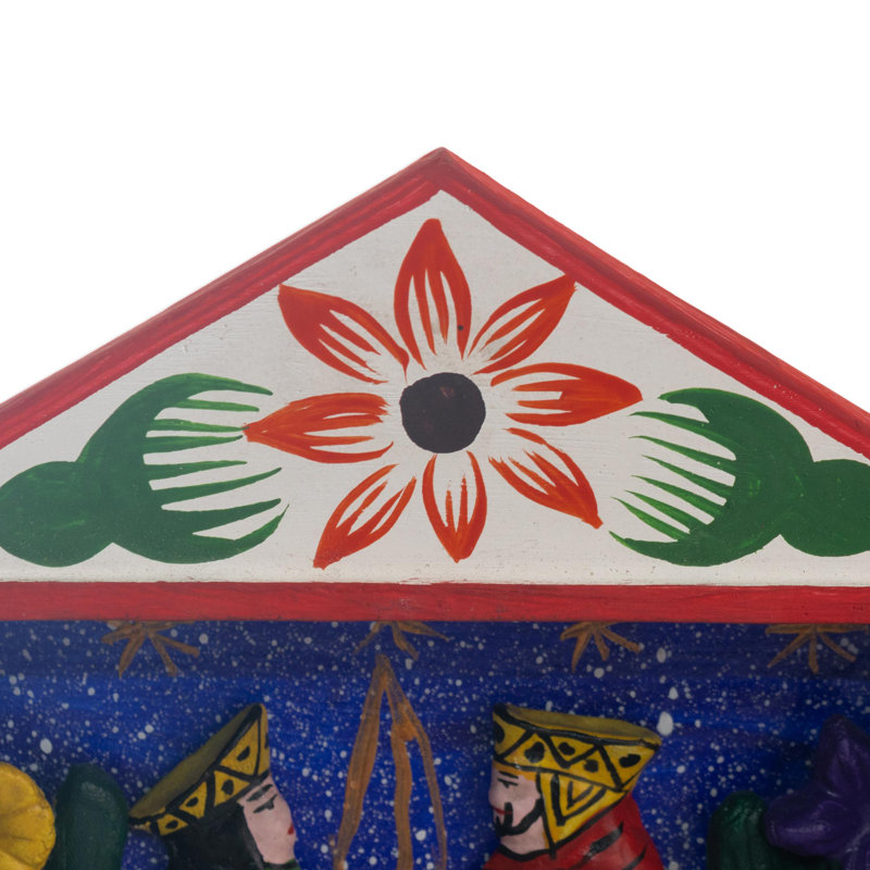 Bungalow rose fait à la main nuit à Bethléem en bois et céramique crèche Retablo