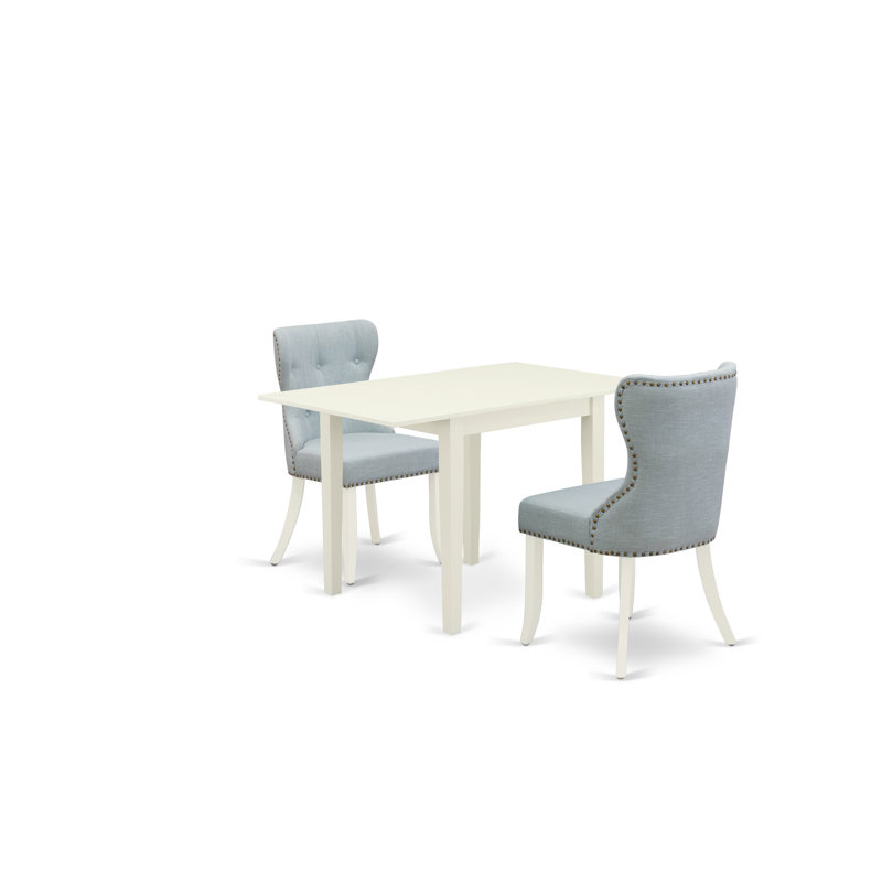3 Piece Modern Dining Table Set Contains a Rectangle Wooden Table with Dropleaf and 2 Baby Blue Linen Fabric Upholstered Chairs, Mahogany