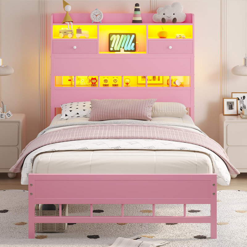 Twin Size Bed Frames With Headboard And 5 Storage Shelves & Under Bed Storage, Platform Bed Frames Twin With Led & Charging Station,no Box Spring Needed