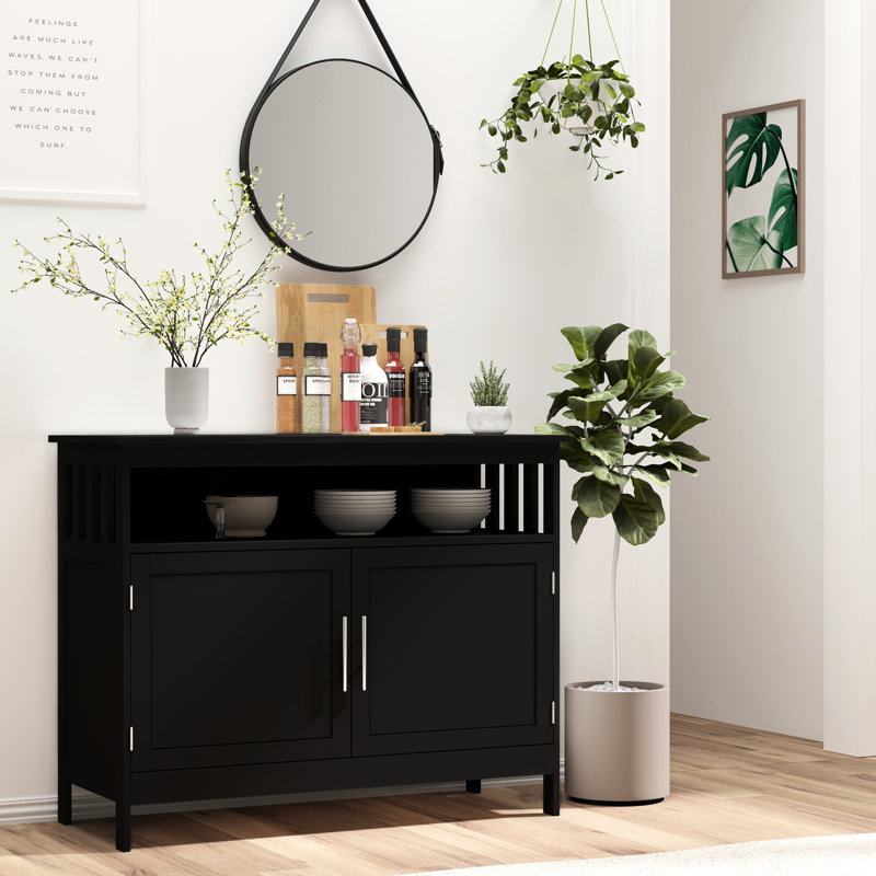 Buffet noir, polyvalent avec rangement et étagère, ouvert fonctionnel fermé