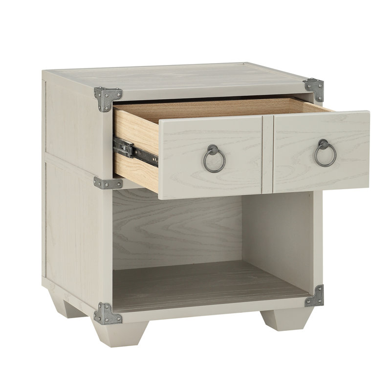 Table de chevet moderne, tablette ouverte et 1 grand tiroir avec table d'appoint à glissières en métal, Crème, crème