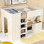 Lit mezzanine en bois pleine grandeur avec garde-robe intégrée, bureau, tablettes de rangement et tiroirs pour une utilisation maximale de l'espace, beige