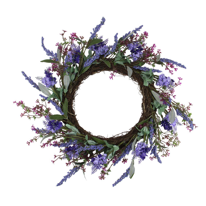 Couronne florale lavande artificielle mauve et verte - 18 po