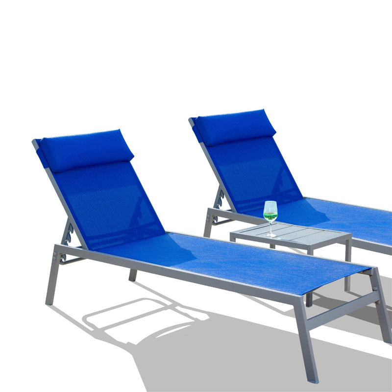 Patio Chaise Lounge Set, 3 Pieces Adjustable Backrest Pool Lounge Chairs PVC-coated polyester Sunbathing Recliner with Headrest (2 Lounge Chairs+1 Table)
