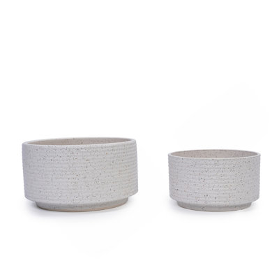 Handmade Ceramic Planter Set Of 2, 11" & 8" Diameter, White With Vertical Ridges, For Aquatic Plants Indoor/Outdoor Shelf & Table Use, Breathable Non-Porous Clay