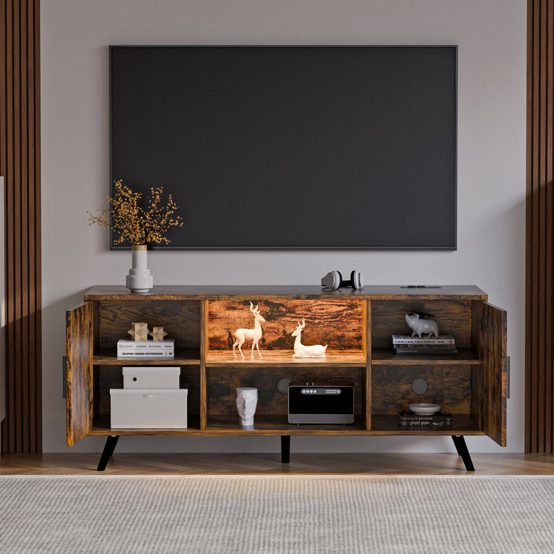 Caelum LED TV Stand Media Entertainment Centre Table With  Adjustable Shelf  And 2 Cabinets, Brown Wood