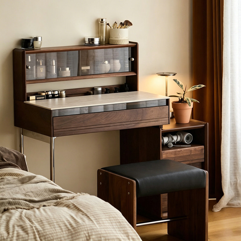 Coiffeuse minimaliste moderne en noyer de 80 cm avec commode de rangement, armoire supérieure en verre trempé et tabouret rembourré.